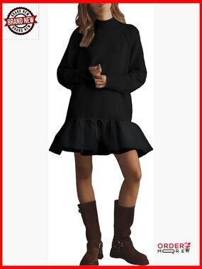 Mock Neck Ribbed Knit Tulle Ruffle Mini Dress Long Sleeve Loose Fit